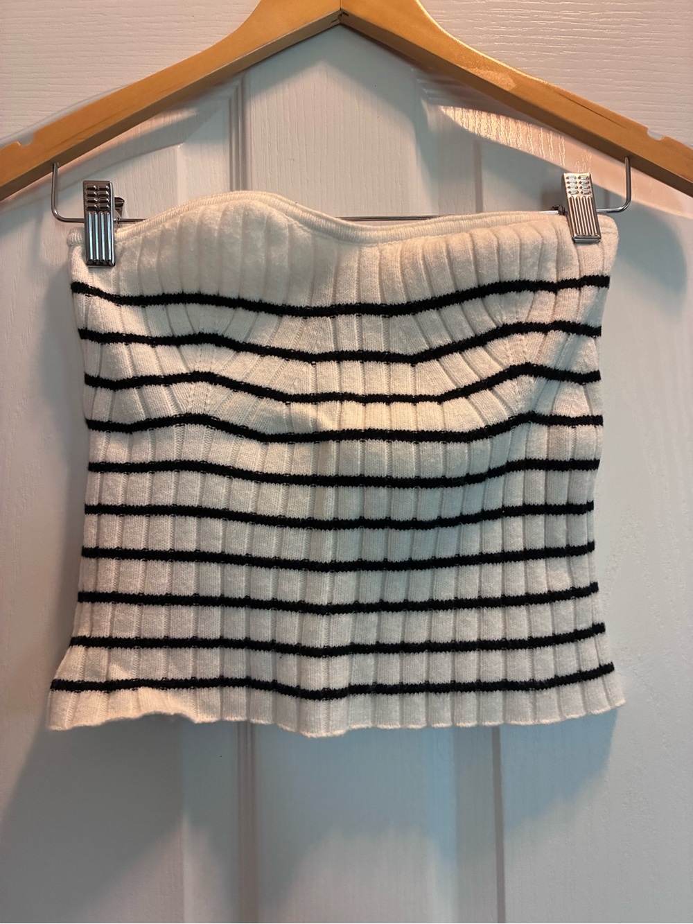 SET!! Striped Ribbed Tube Top - White with Black Stripes and straight skirt